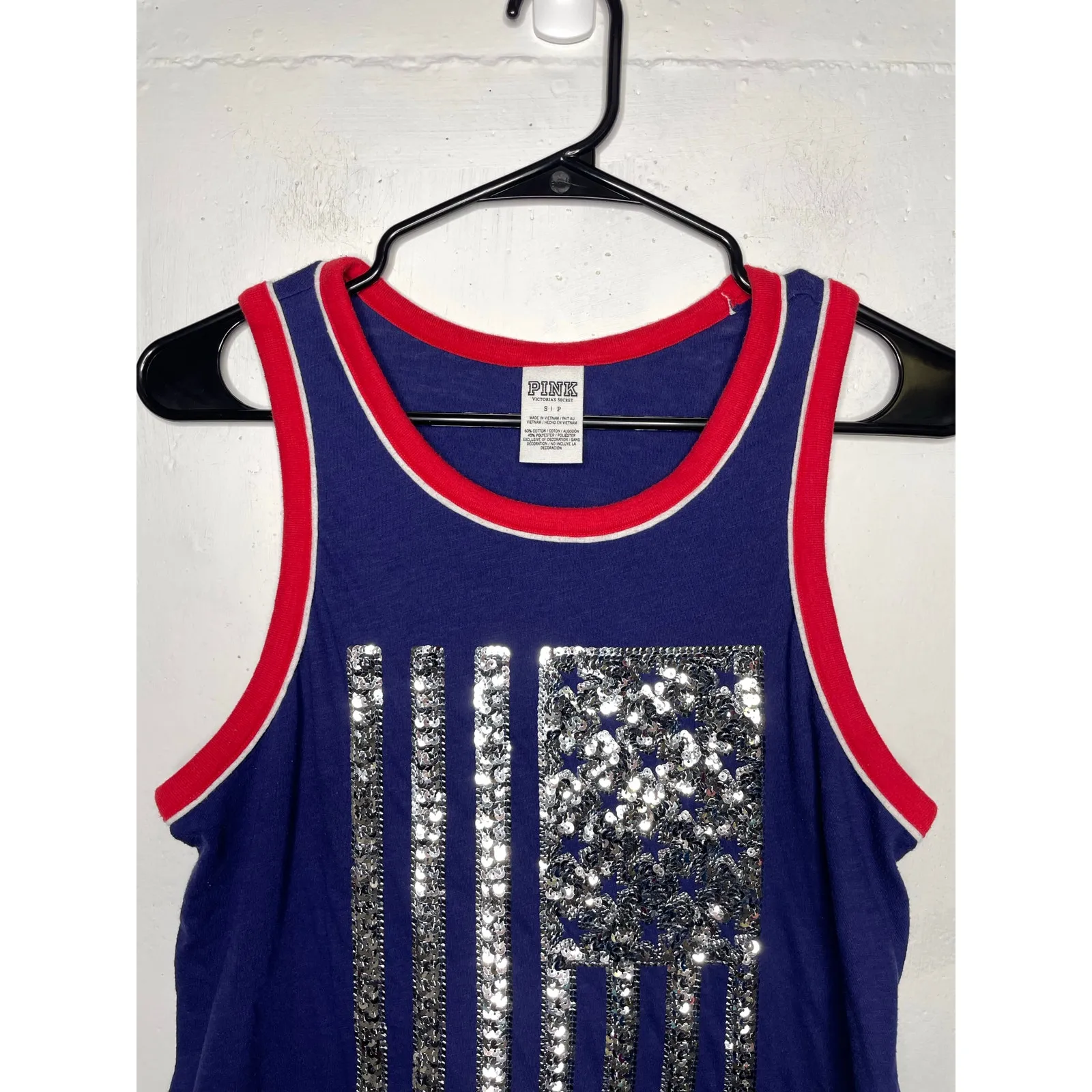 Victorias Secret PINK BLING Silver Sequin American Flag Tank Top Size Small - Image 2