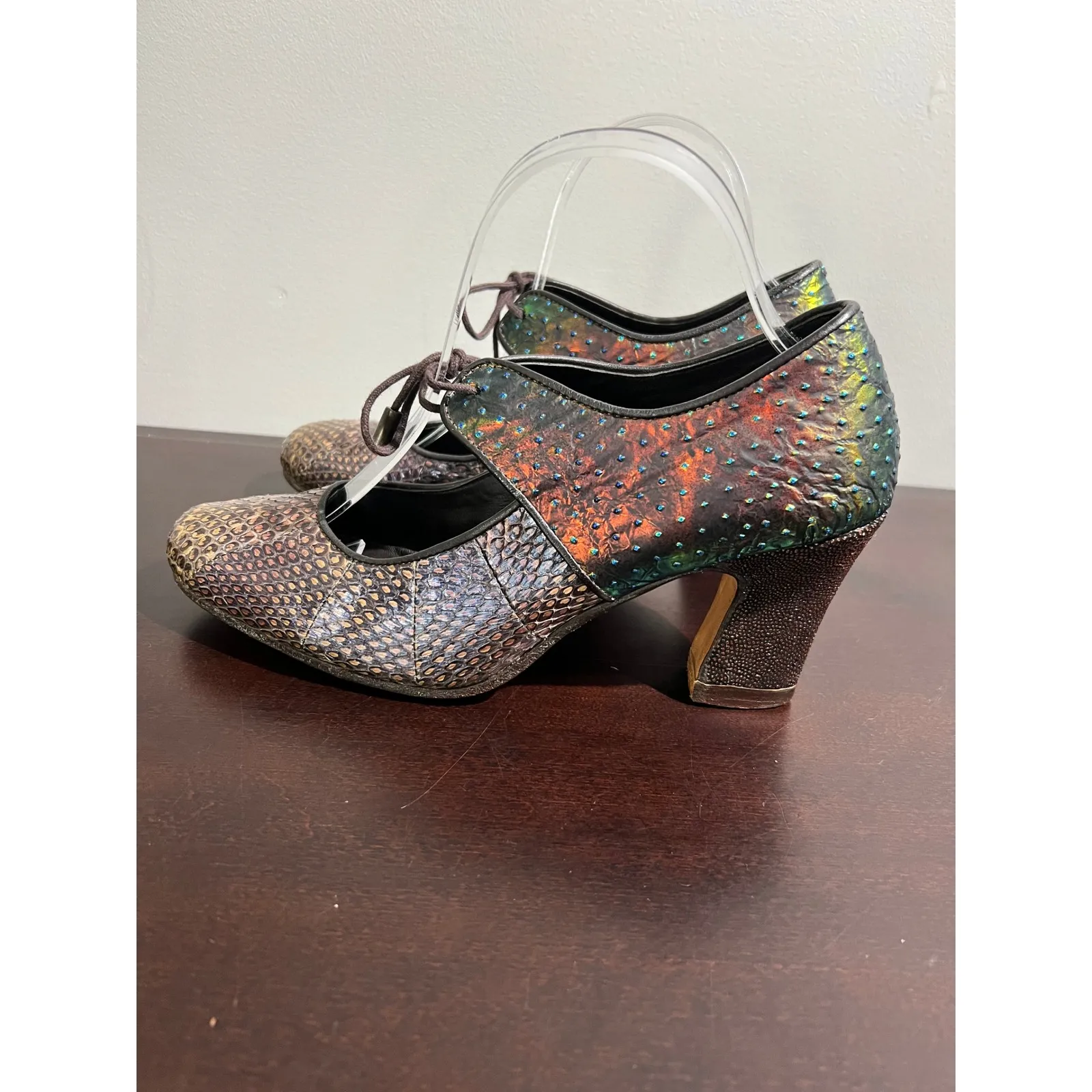 Koko Italian Tango Shoe Snake & Metallic Lace Up Heels Shoes Size 39 Brown - Image 3