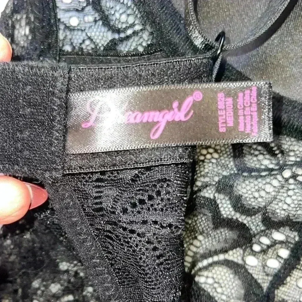 Dreamgirl Lingerie Y2K Black Floral Lace Babydoll Dress Medium Garters Neon Pink - Image 7