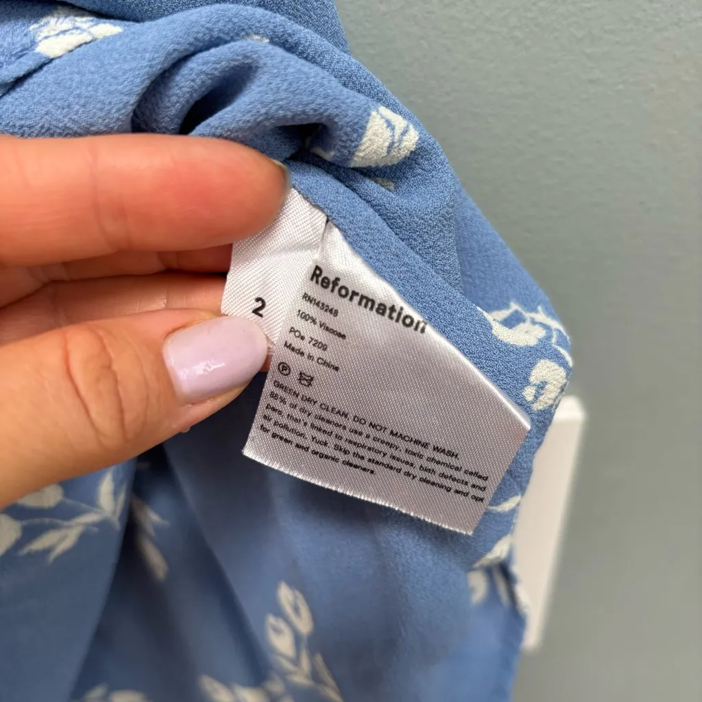 Reformation Elle Shirred Floral Print Georgette Mini Dress in Blue 2 - Image 10