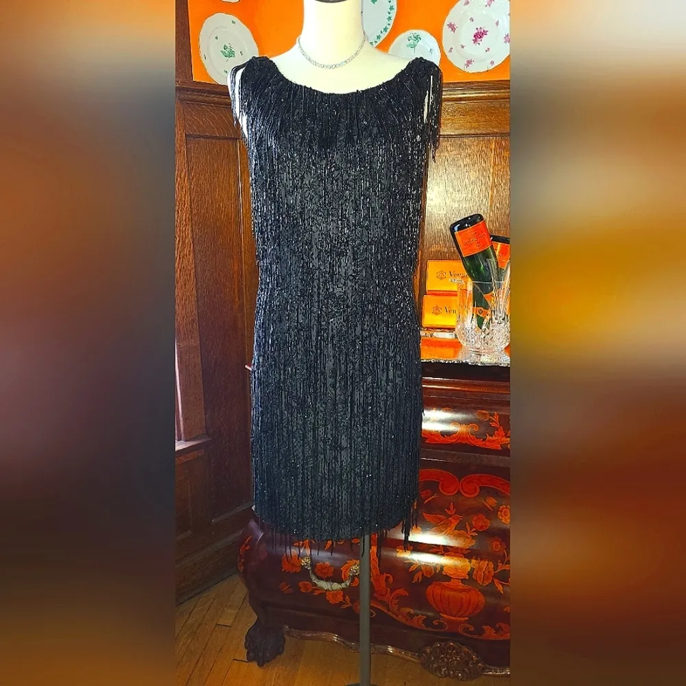 Italian 1950s Stunning Hand Beaded Dress w/ V Back Black Size undefined - Image 2