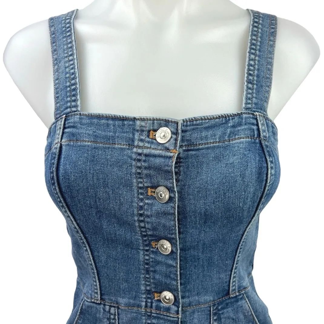 H&M Blue Denim Square Neck Sleeveless Button Mini Overalls Jumper Jean Dress 4 - Image 3
