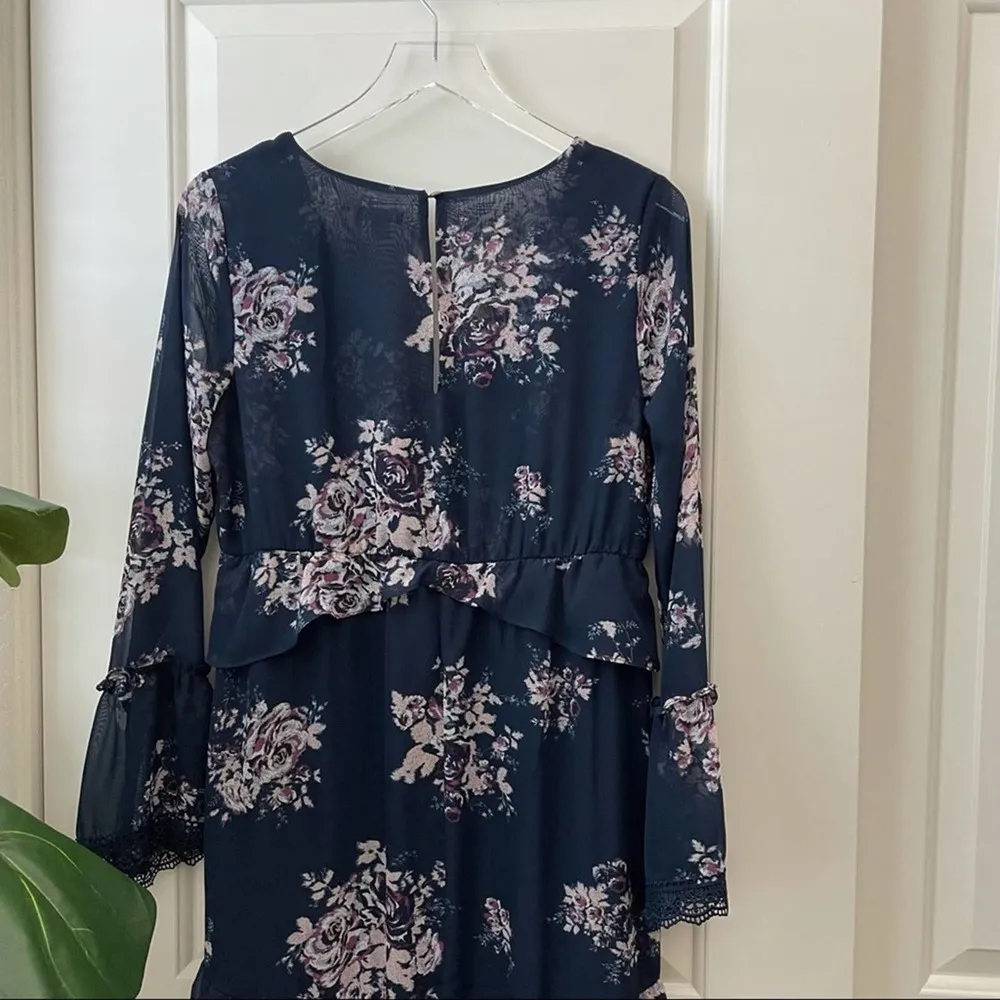 Xhilaration Navy Floral Ruffle MIDI Dress Long Sleeve Pink S - Image 12