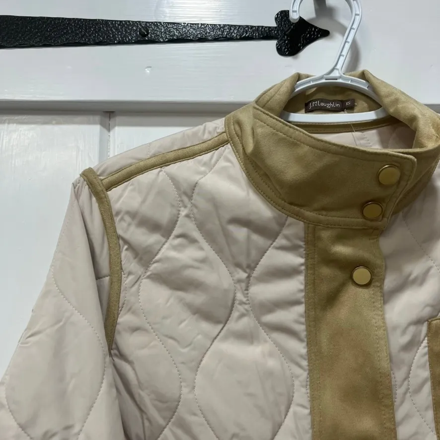 J Mclaughlin Linda Coat XS NWT $348 Quilted Tan Snap Button Color Block Jacket - Image 2