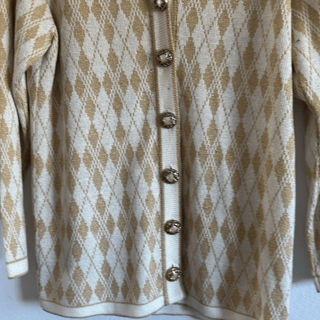 Ami Knits Womens Diamond Pattern Cardigan Sweater Off White Gold Size 10 Vintage - Image 2