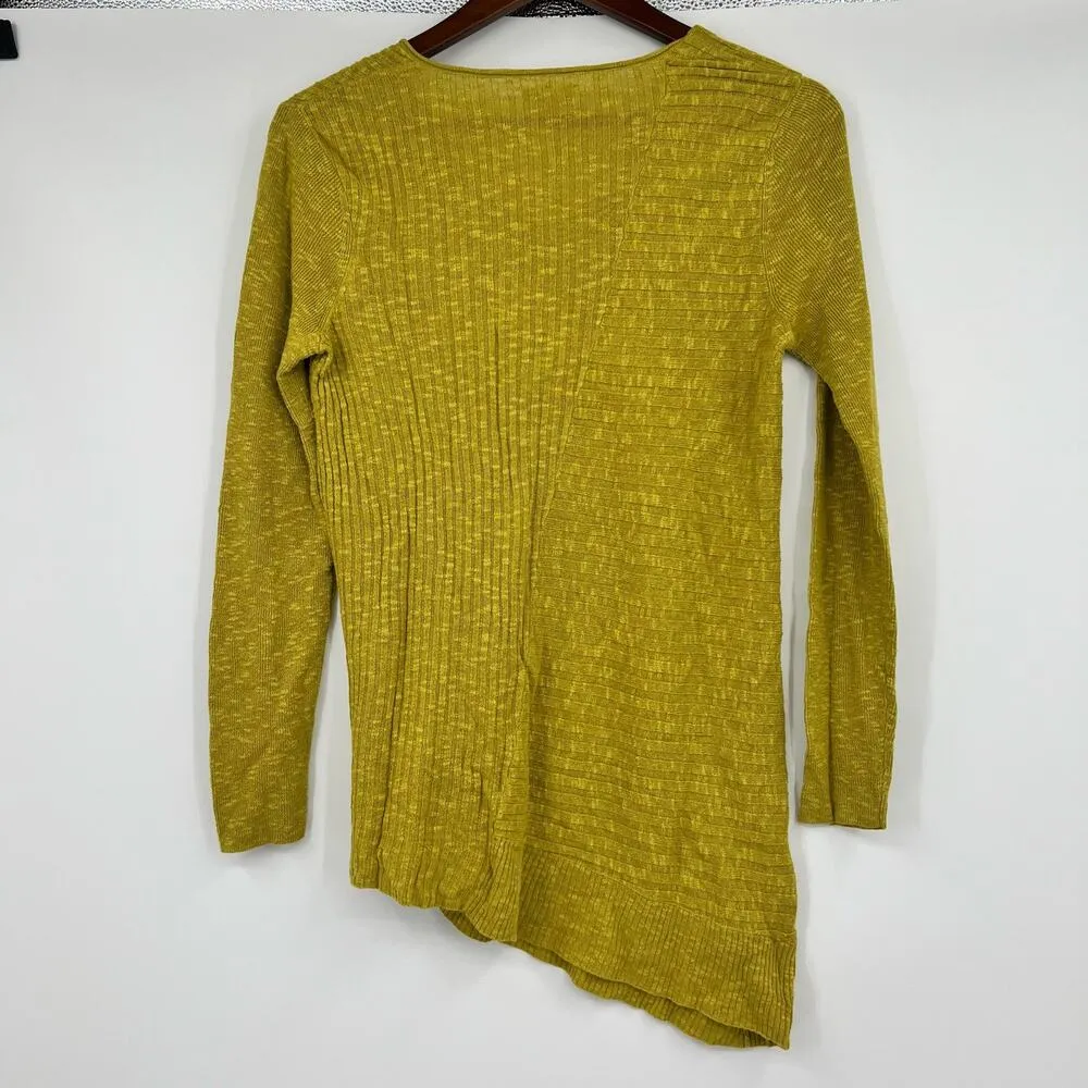 Eileen Fisher XS Green Chartreuse Asymmetrical Linen Cotton Ribbed Knit Sweater - Image 2