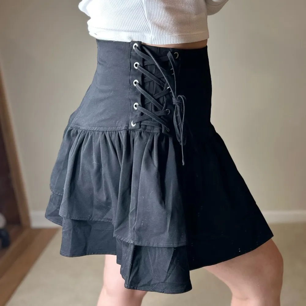 Shein Black Tiered Lace-Up Skater Skirt - Image 2