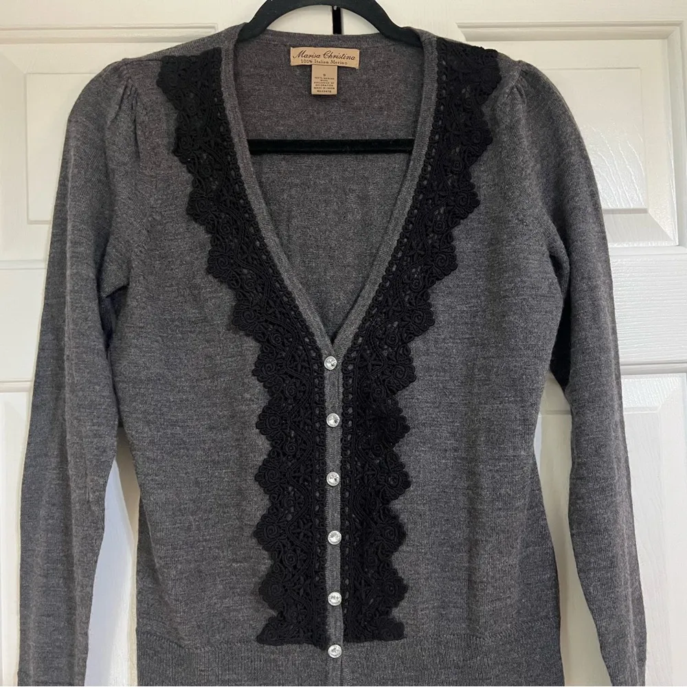 Marisa Christina Cardigan Sweater Button Front Merino Wool Gray Size Small Lace - Image 3