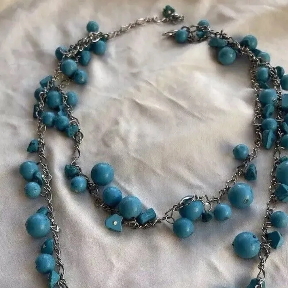Vintage Turquoise Beaded Multiple Two Strand Chain Necklace South Western Aztec Blue - Image 13