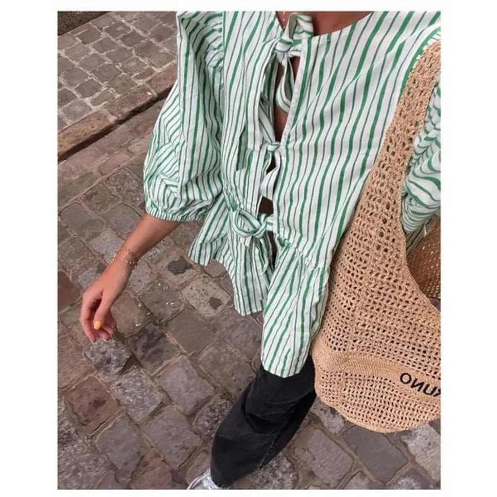 NEW~ Green Striped Tie Front Top Babydoll Long Sleeve Peplum Babydoll Shirt S - Image 6