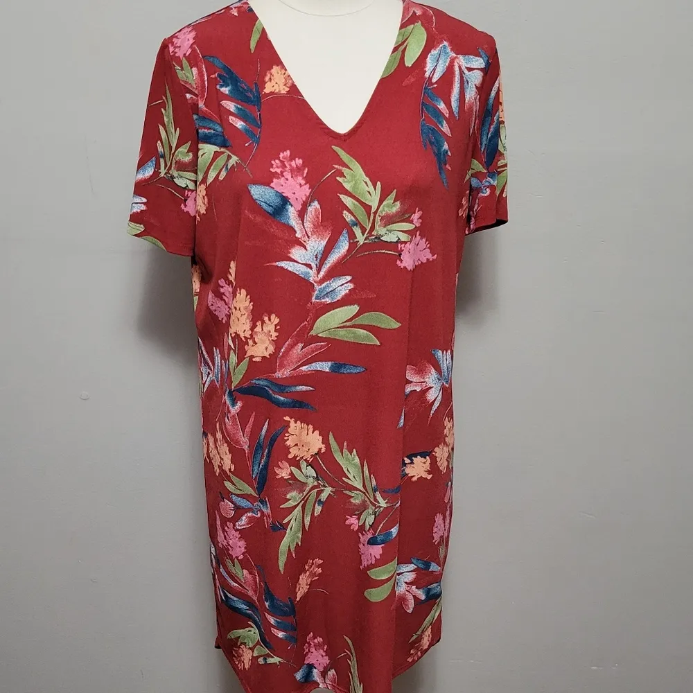 Christian Siriano red tropical floral vneck tunic tshirt dress size large - Image 2