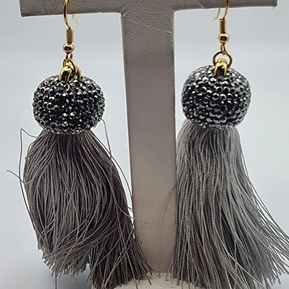 NWOT Molly Phillips Jacqueline Gray Tassel & Rhinestone Earrings Silver - Image 2