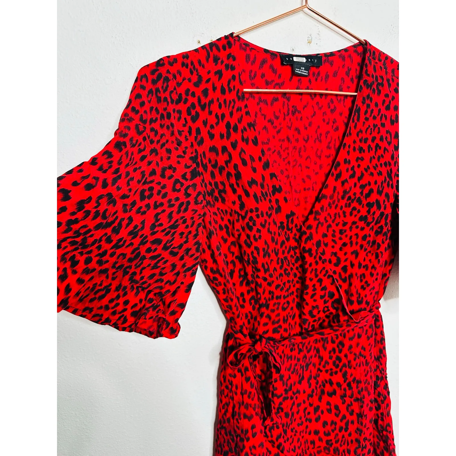 SANCTUARY Red Black Animal Print V-Neck Tie Waist Girl on Fire Wrap Dress XS - Image 8