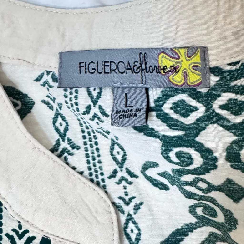 Figueroa & Flower Boho Cottagecore Tiered Midi Dress L — Cream & Teal Split Neck - Image 4