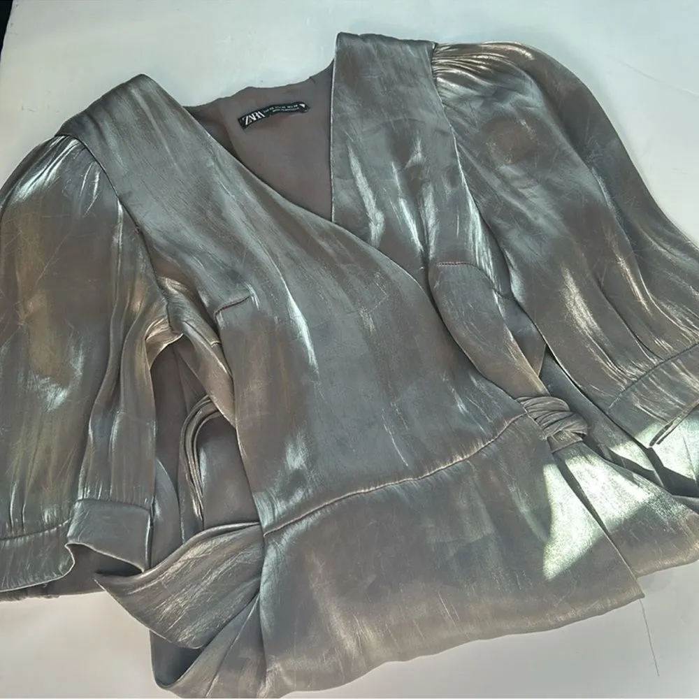 NWOT Zara Metallic Silver Laminated Pewter Wrap Mini Dress Sz XS - Image 9