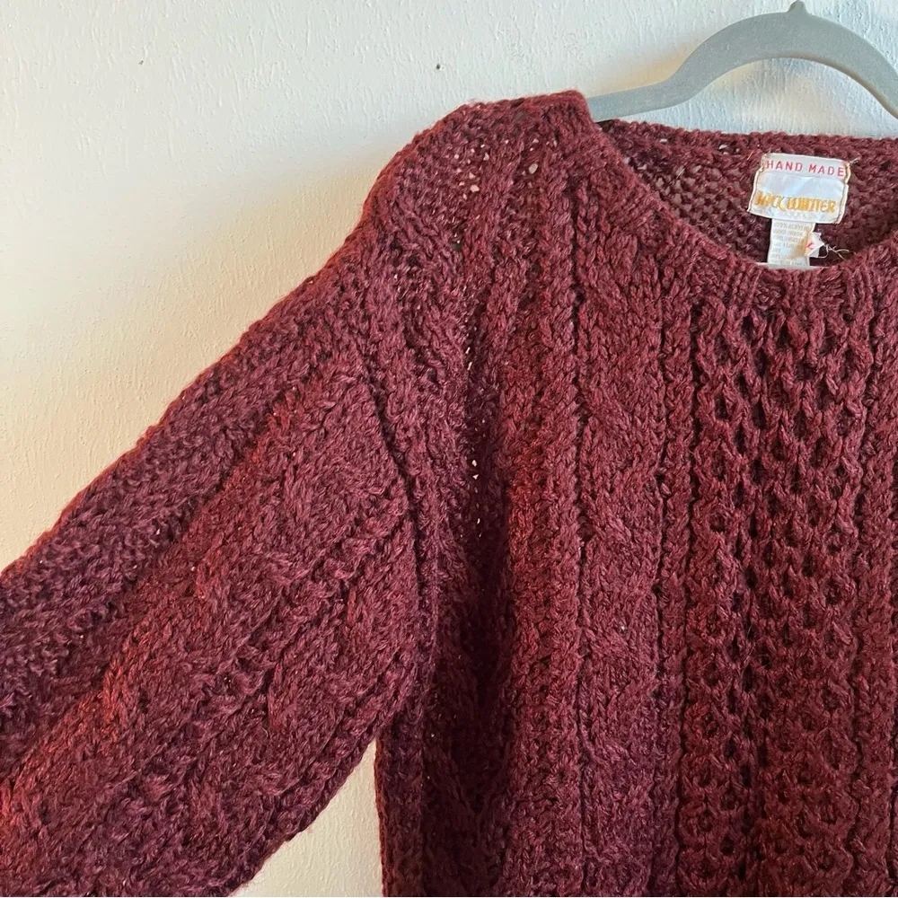 Jack Winter Sweater Handmade Burgundy Crew Neck 
Puff Sleeve Cable Knit Sz L GUC - Image 3