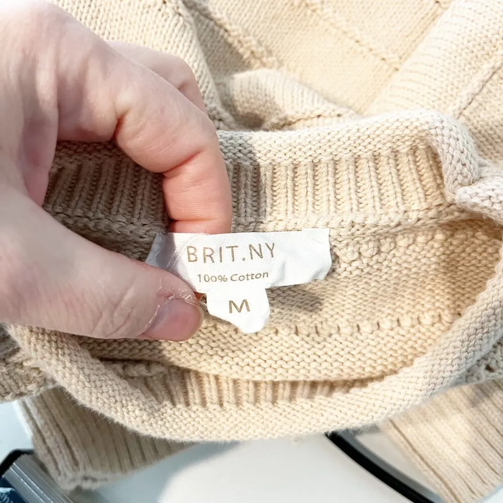 BRIT NY Long Sleeve Pointelle Neck Rib Knit Pullover Sweater Oatmeal Medium Tan - Image 3