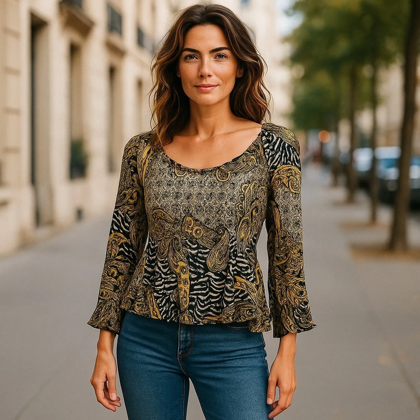 Sharagano Retro Crinkle Babydoll Blouse Brown Tan Textured Long Sleeve L - Image 14