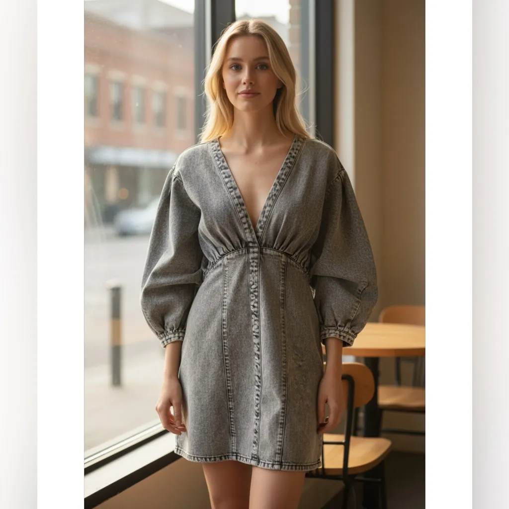 Joslin Studio Ayra Denim Dress Grey Wash Size 10 • Puff Sleeve Mini Dress Gray - Image 8