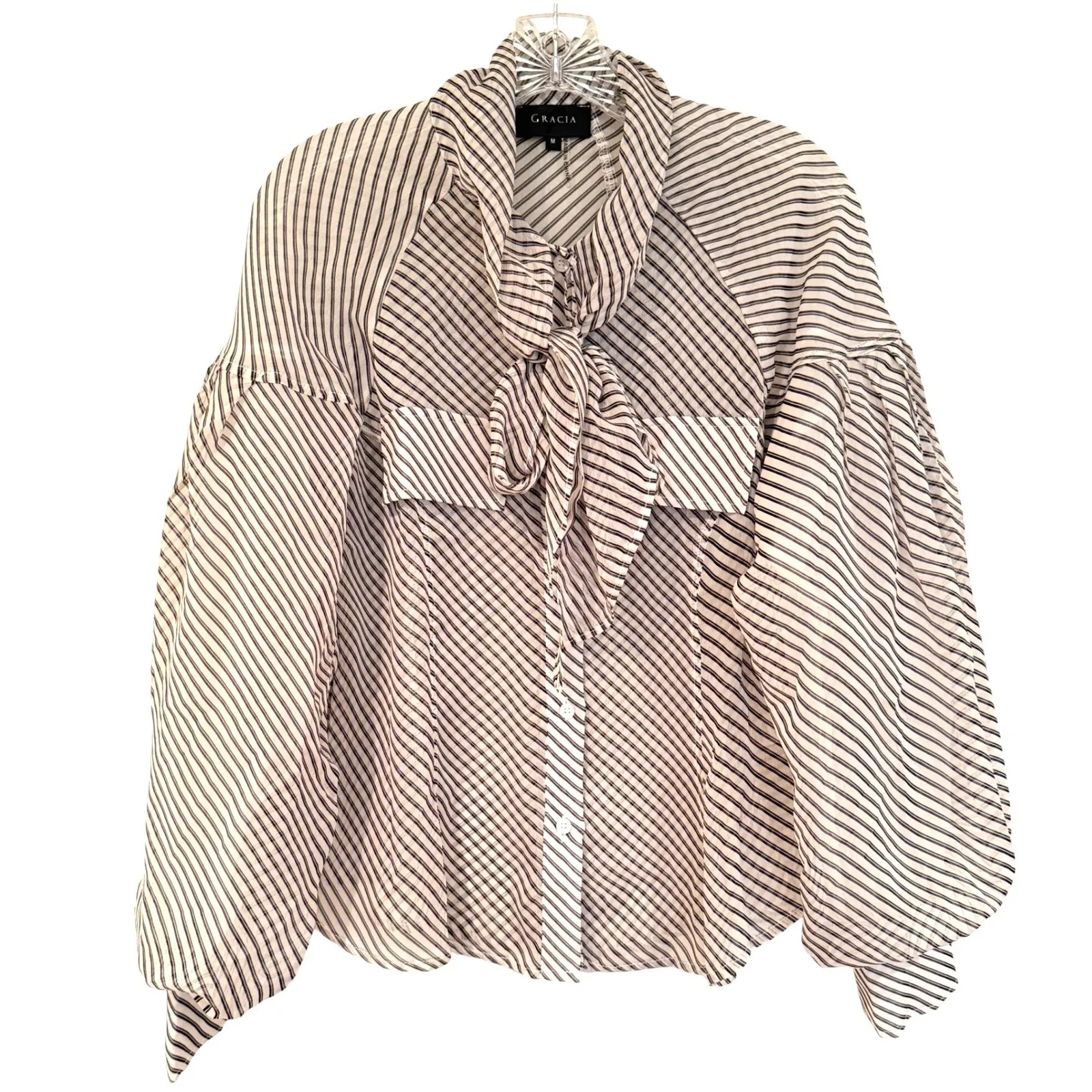 GRACIA Striped Sheer Puff Sleeve Tie Neck Blouse Women's M Black White Feminine - Image 2