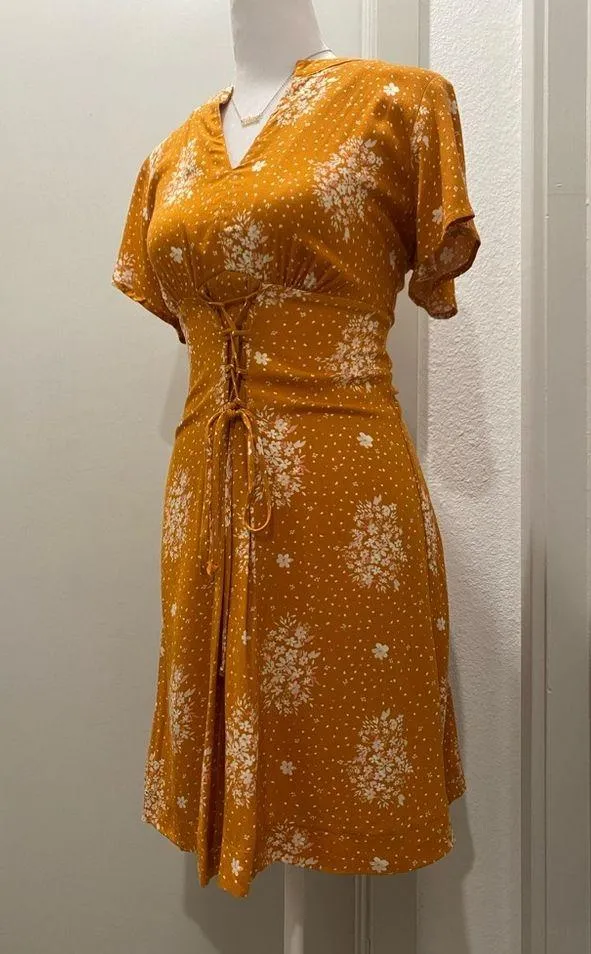 Xhilaration Target Mustard Yellow Floral Above Knee Corseted Mini Dress - XS - Image 3