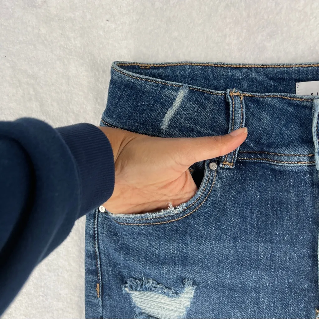 RISEN High Rise Stretch Distressed Denim Destroyed Hem Crop Jeans Size 13/31 Blue - Image 3