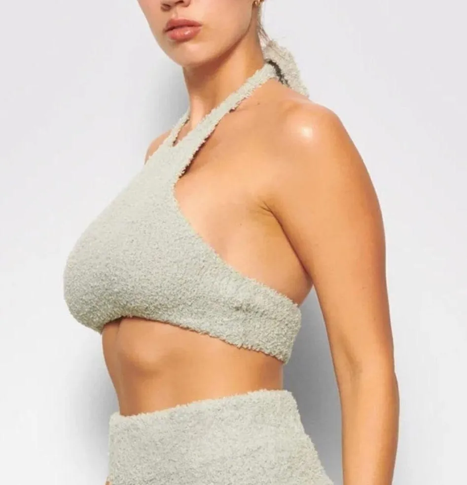 SKIMS Cozy Knit Halter Bra Top Tie Neck Bralette in Aqua Blue NWT Size 4X/5X - Image 2