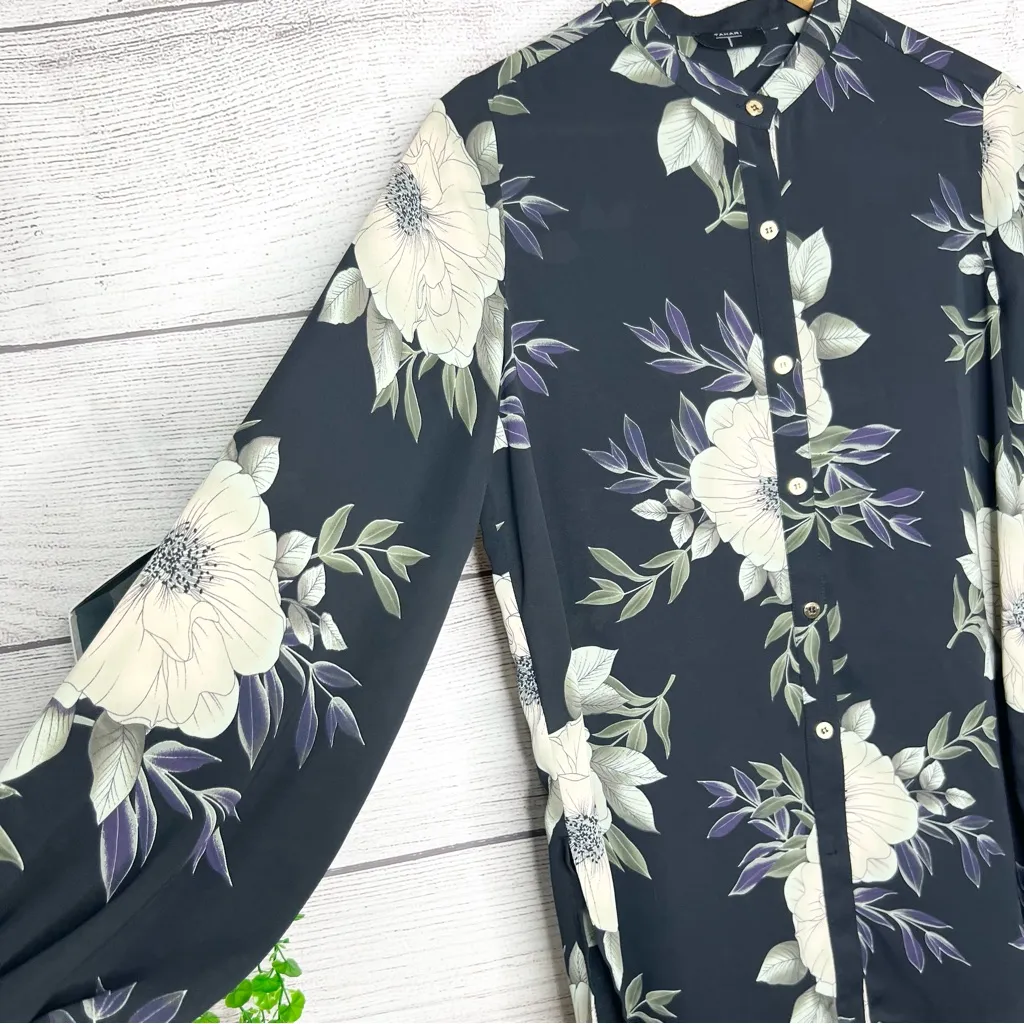 Tahari Black Floral Long High Low Shirttail Hem Button-Up Blouse Top Size Medium - Image 5