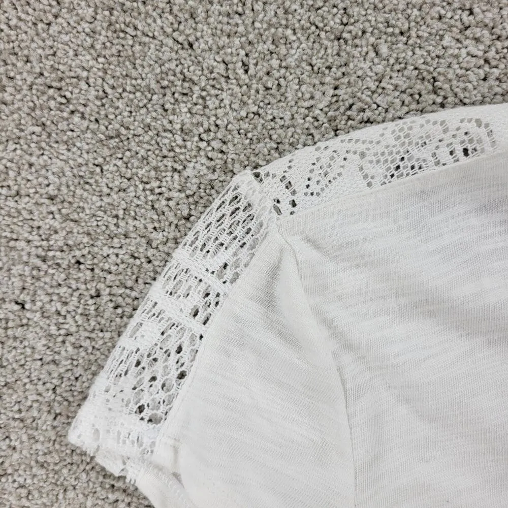Earth Yoga Womens Top L White Lace Mesh Trim V Neck Capped Short Sleeve NEW Size L - Image 11