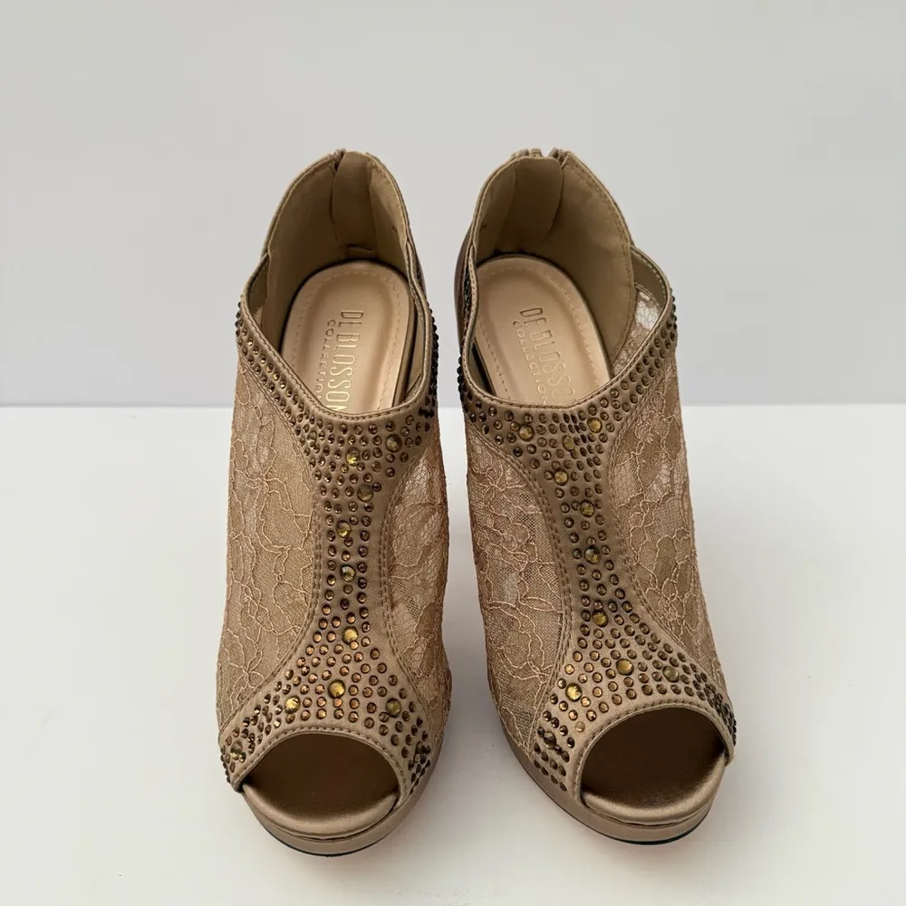 Peep Toe Heels Neutral Size 8 Stiletto Party Glam Lace Rhinestone Dress Pumps - Image 3