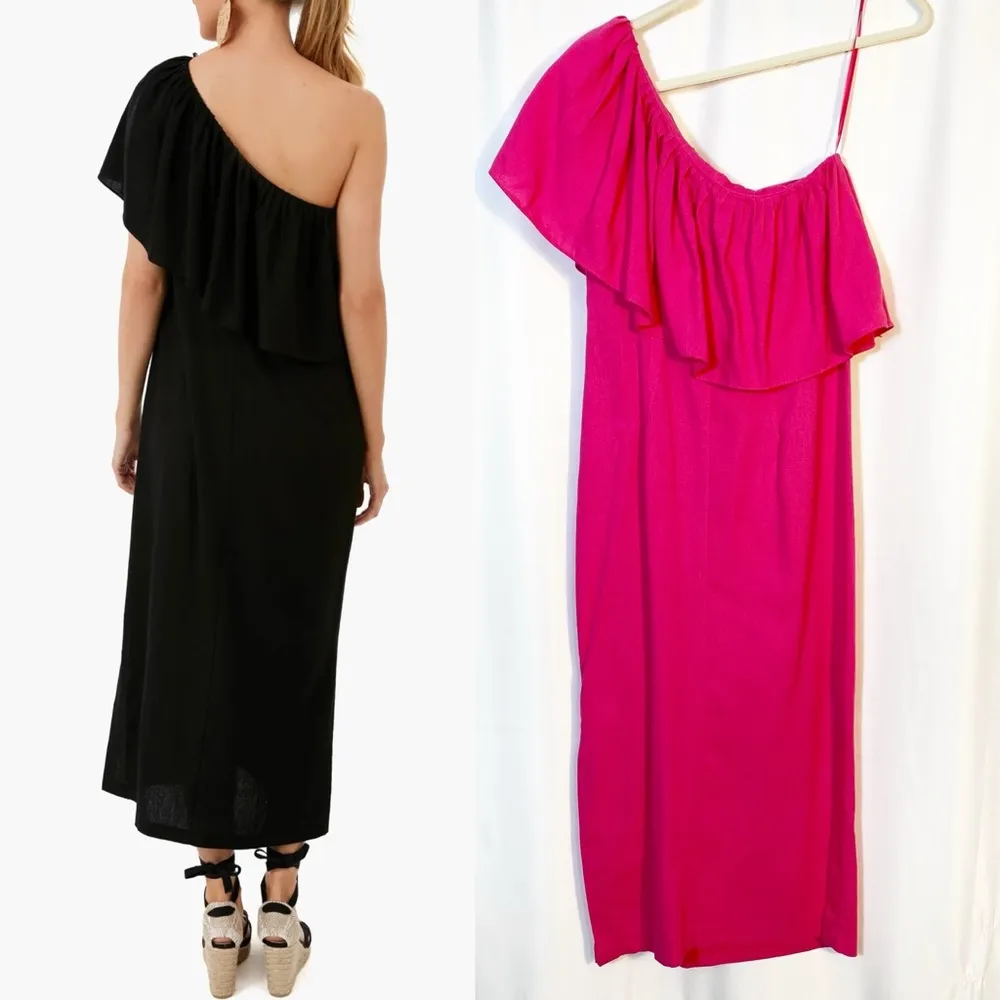 Pomander Place X Tuckernuck Florencia One Shoulder Ruffle Midi Dress Fuchsia Pink Size XS - Image 3