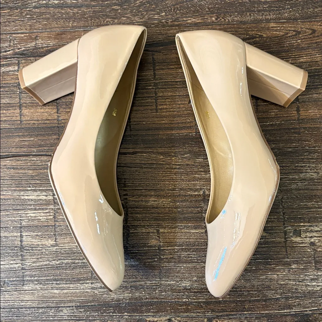 Vaneli Nude Cream Patent Leather Pumps Heels Block Chunky 3” Heel Pointed Toe Tan Size 8.5 - Image 4