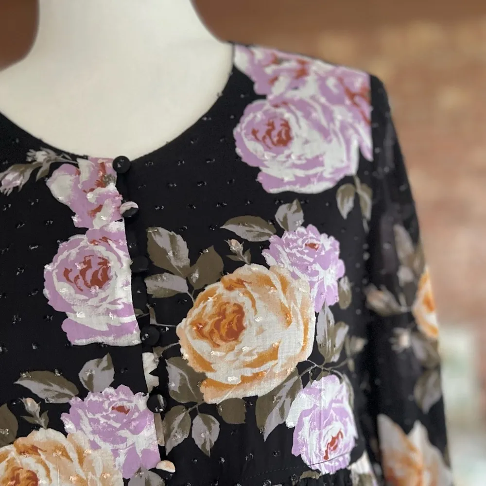 Altar’d State Dress Swiss Dot Mini Babydoll Black Floral Long Sleeve M Brunch - Image 5