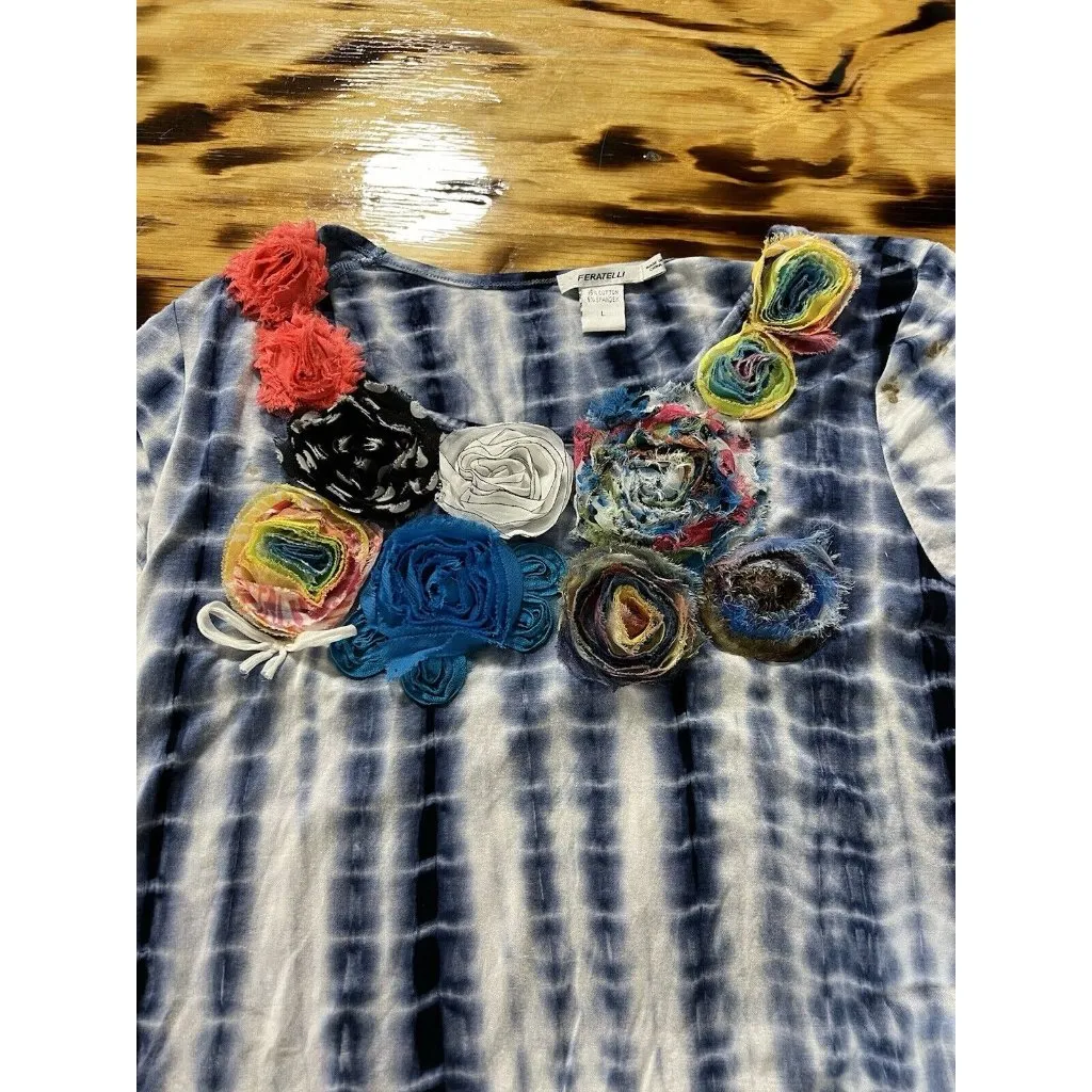 Feratelli Womans Top Blouse Large blue‎ 3d flowers tie dye Lagenlook Art to Wear - Image 8