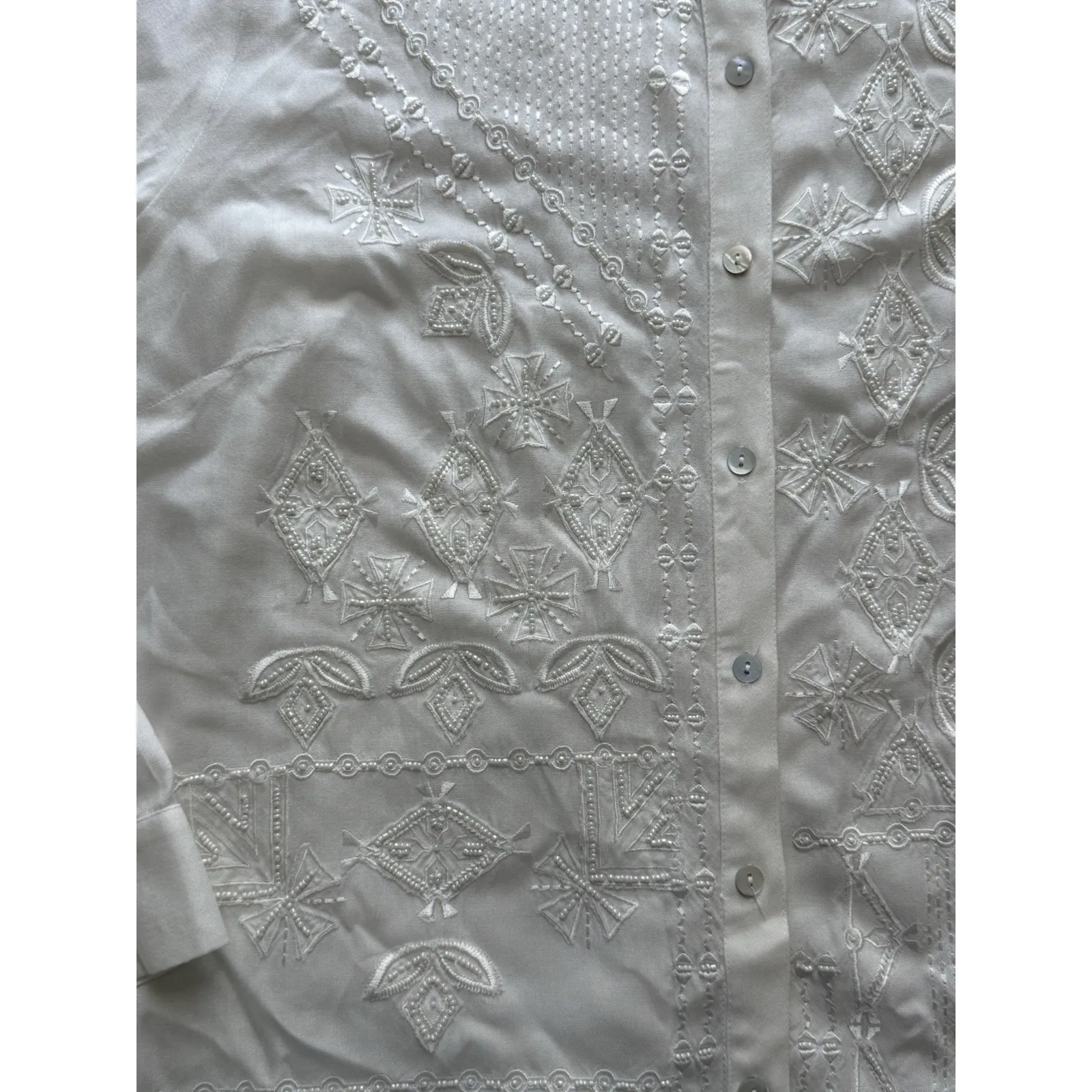 Soft Surroundings Beaded Top Womens 1X White Embroidered Blouse Shirt Button Up - Image 2
