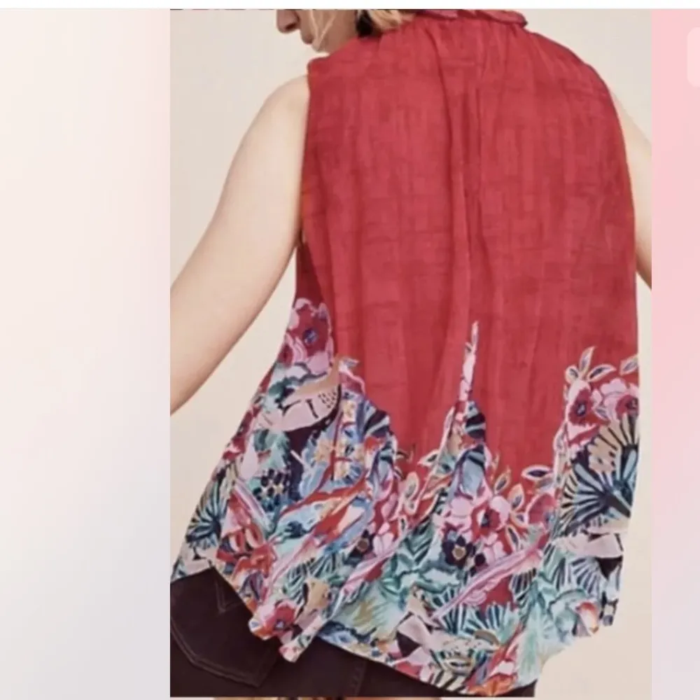 Anthropologie Deletta Epona Tropical Bird Floral Mock Sleeveless Top Red - Image 3