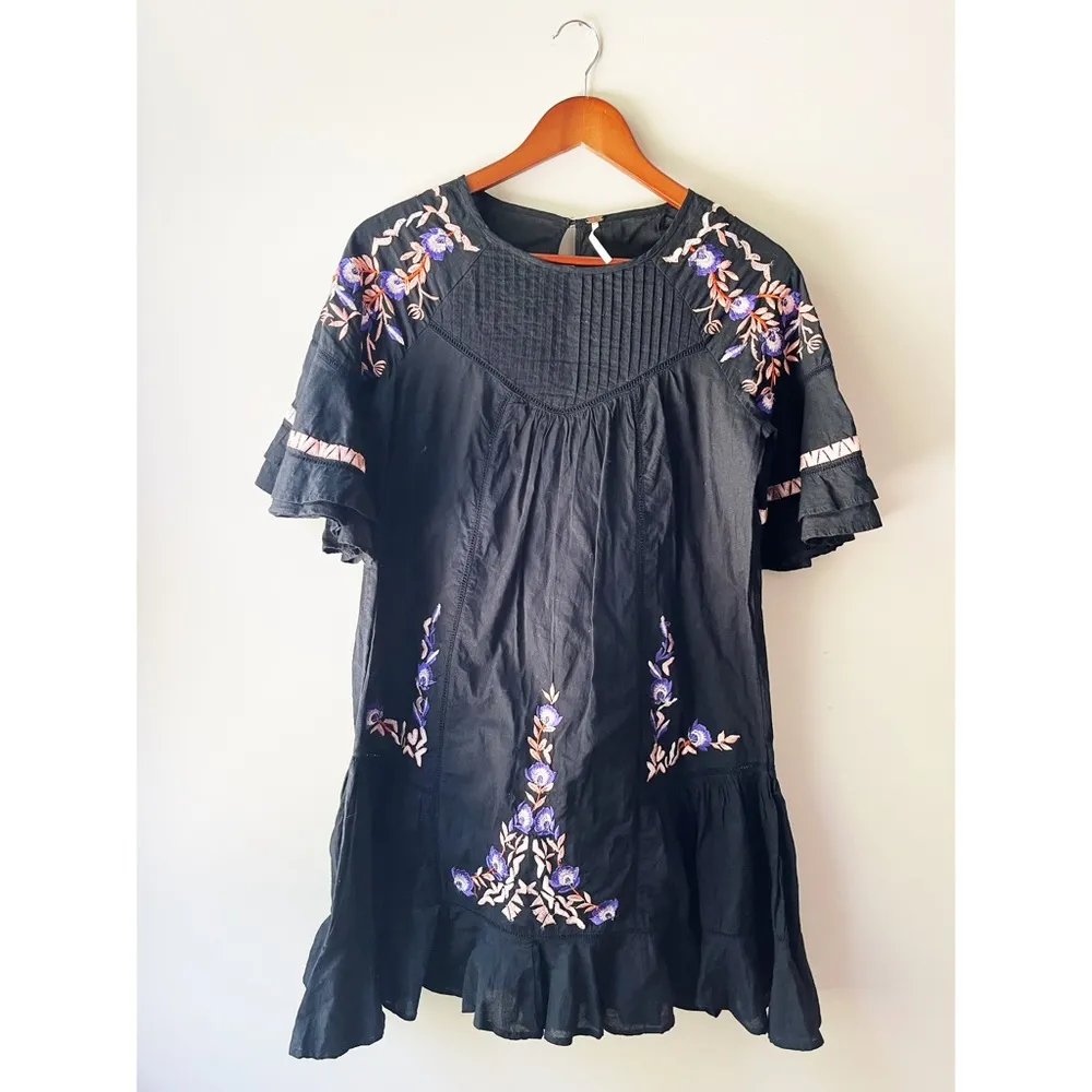 Free People Pavlo Embroidered Babydoll Tunic Mini Dress Black Floral Boho XS - Image 6