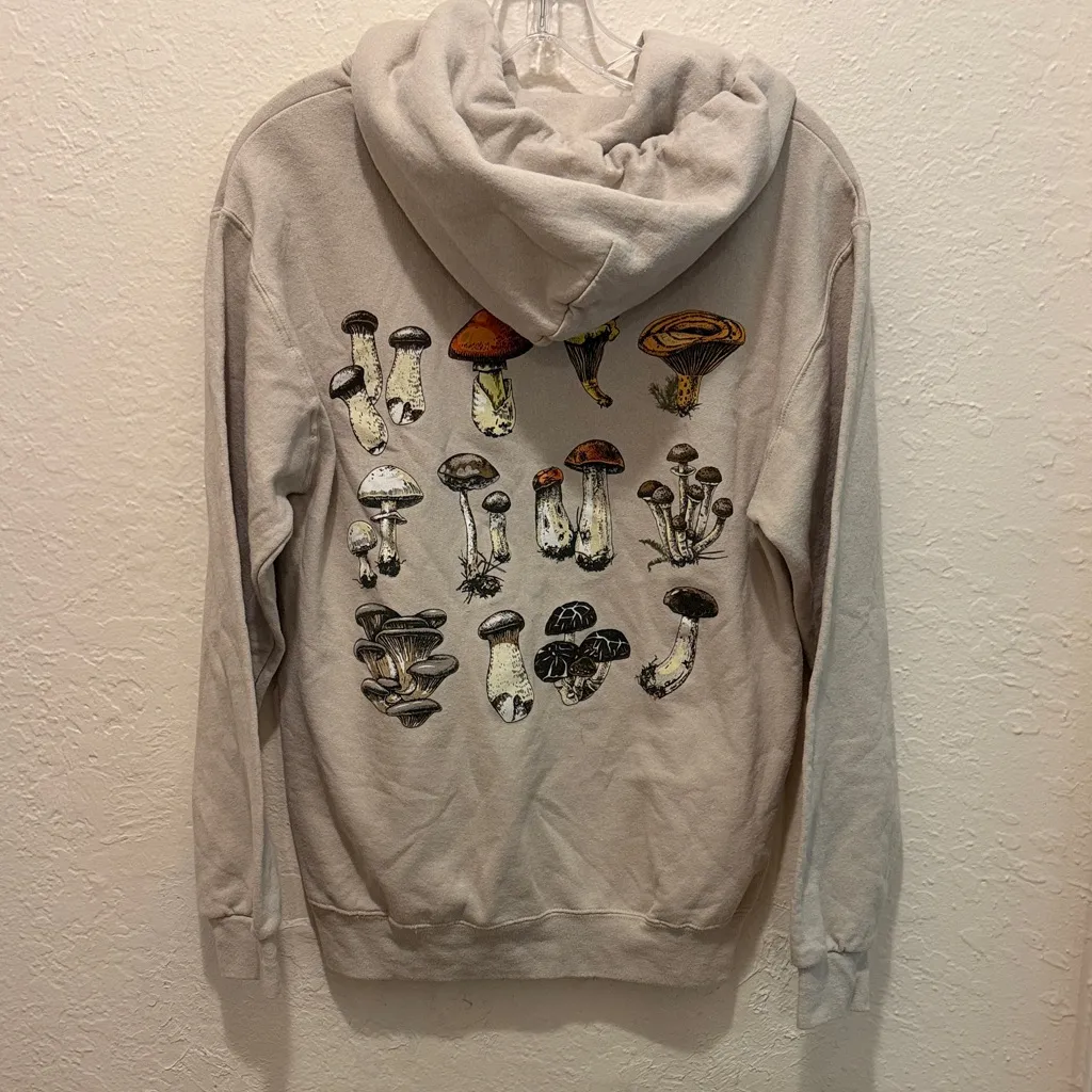 Bowery Supply Co Unisex Beige Hoodie with Mushroom Design - Image 3