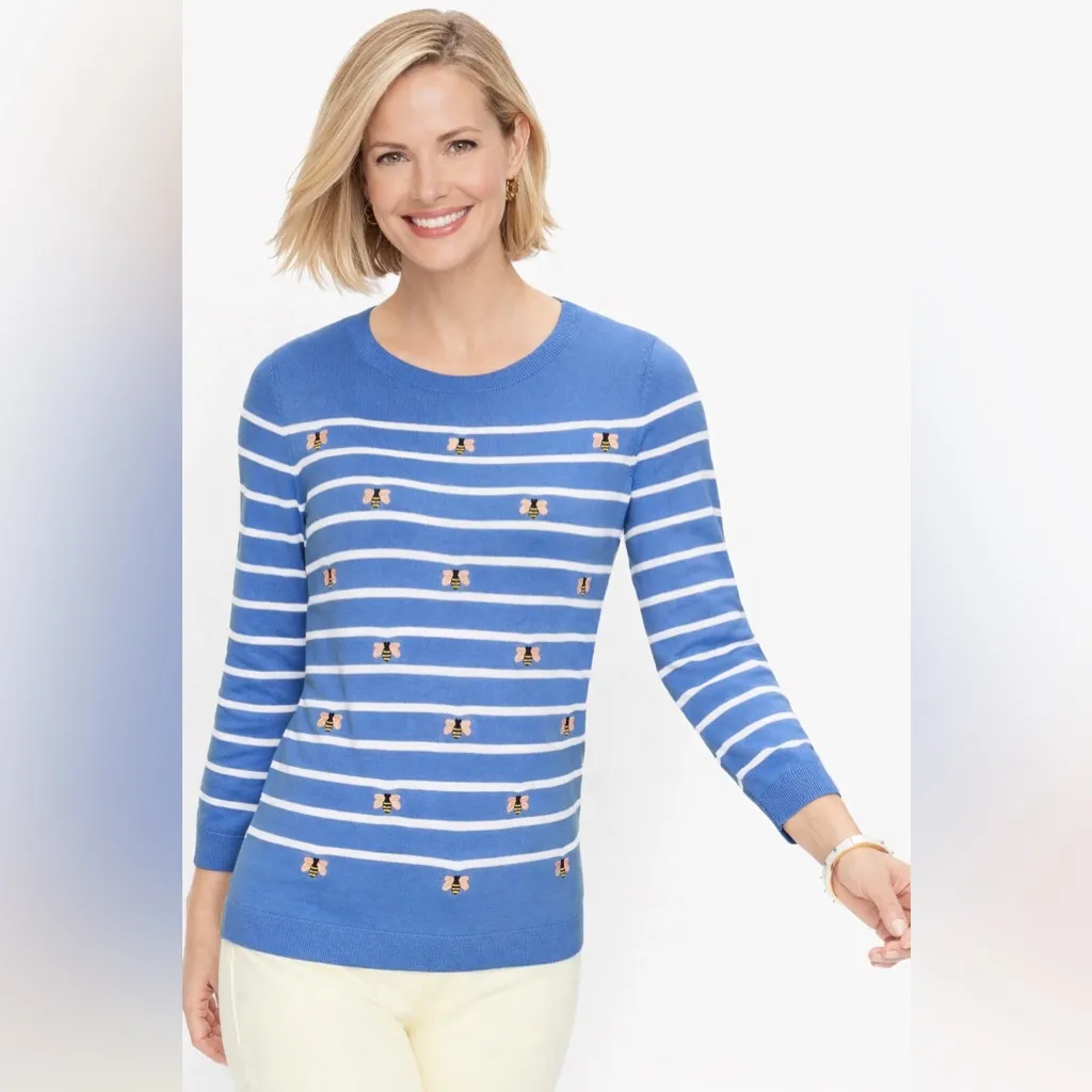 Talbots Blue Striped Embroidered Bee Sweater Top Womens Sz M Preppy 3/4 Sleeve - Image 11