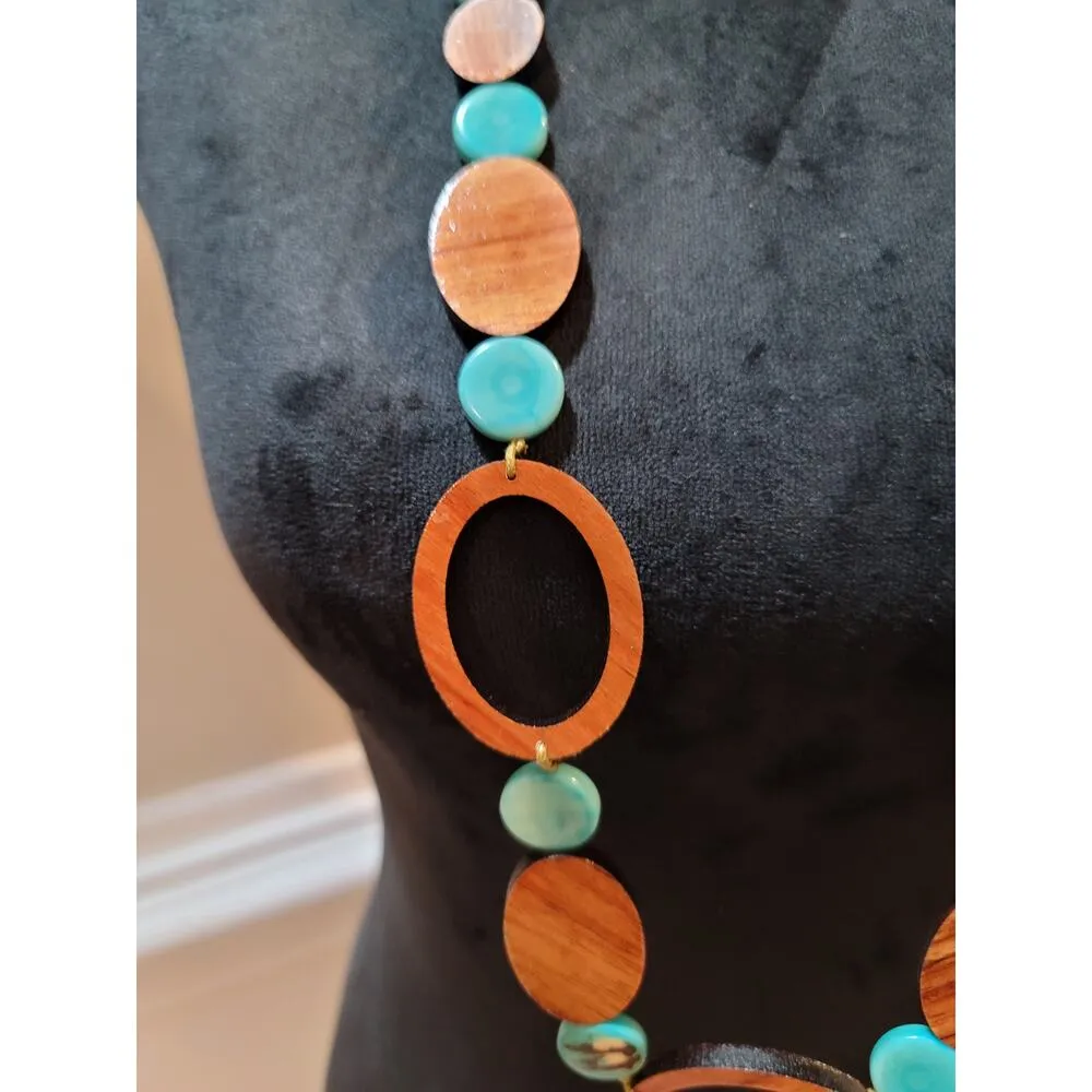 Women's Natural Wood And Turquoise Beaded Necklace With Adjustable Cord Tie Gold - Image 4