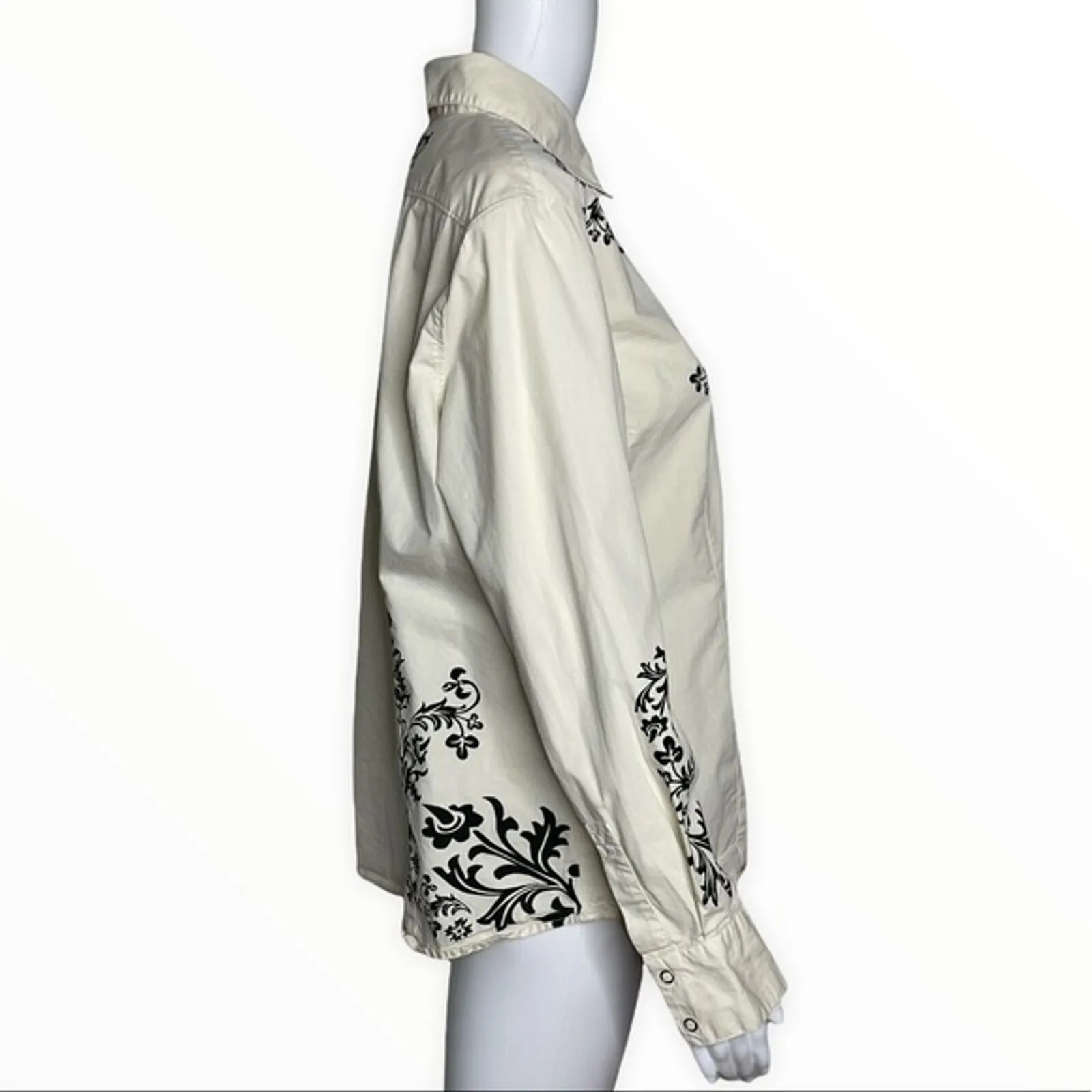 Disney Store Shirt Womens Large Ivory Black‎ Floral Western Button Up Tinkerbell - Image 2