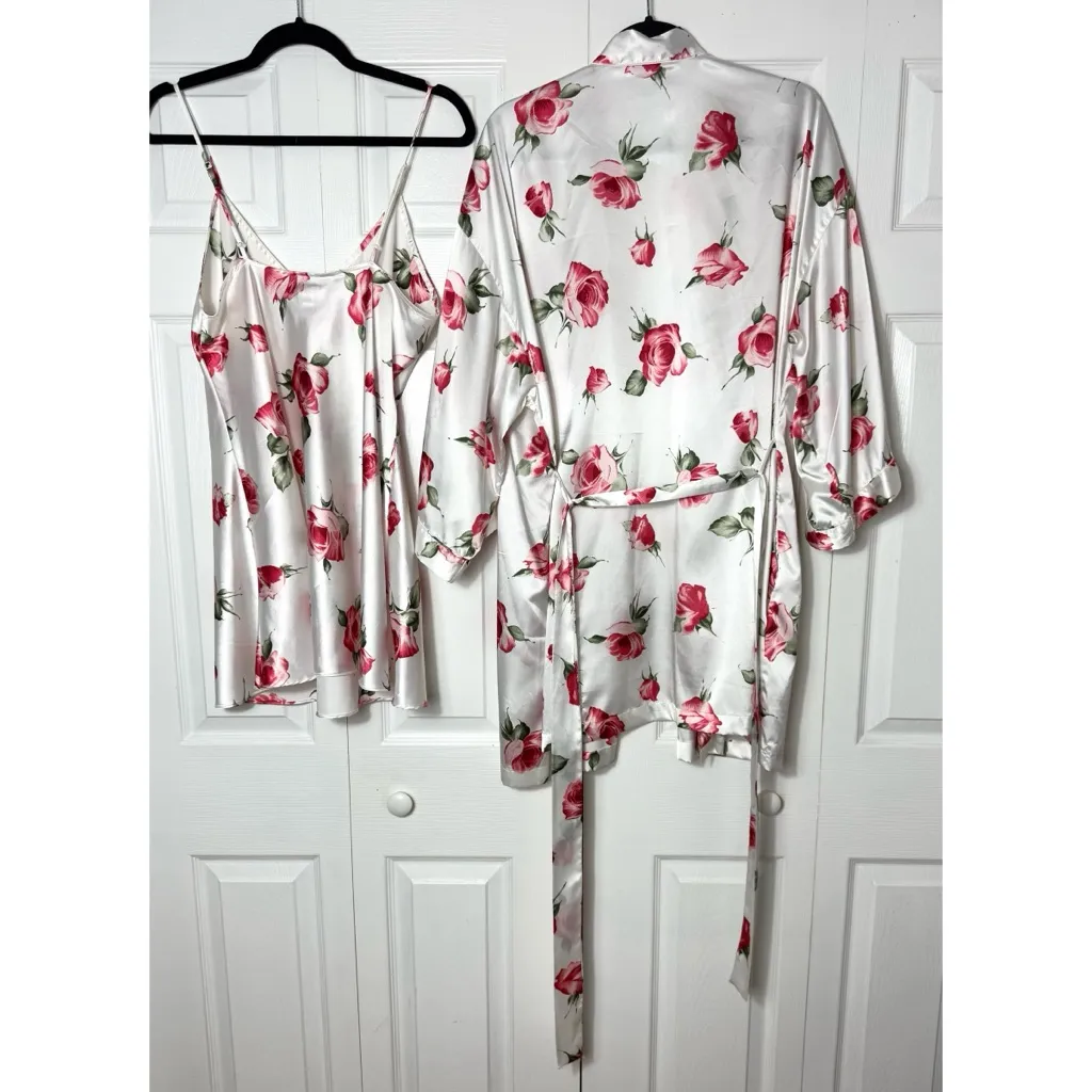 Cacique Paris Rose Floral White Satin Slip Dress & Kimono Robe Set M / M-L - Image 5