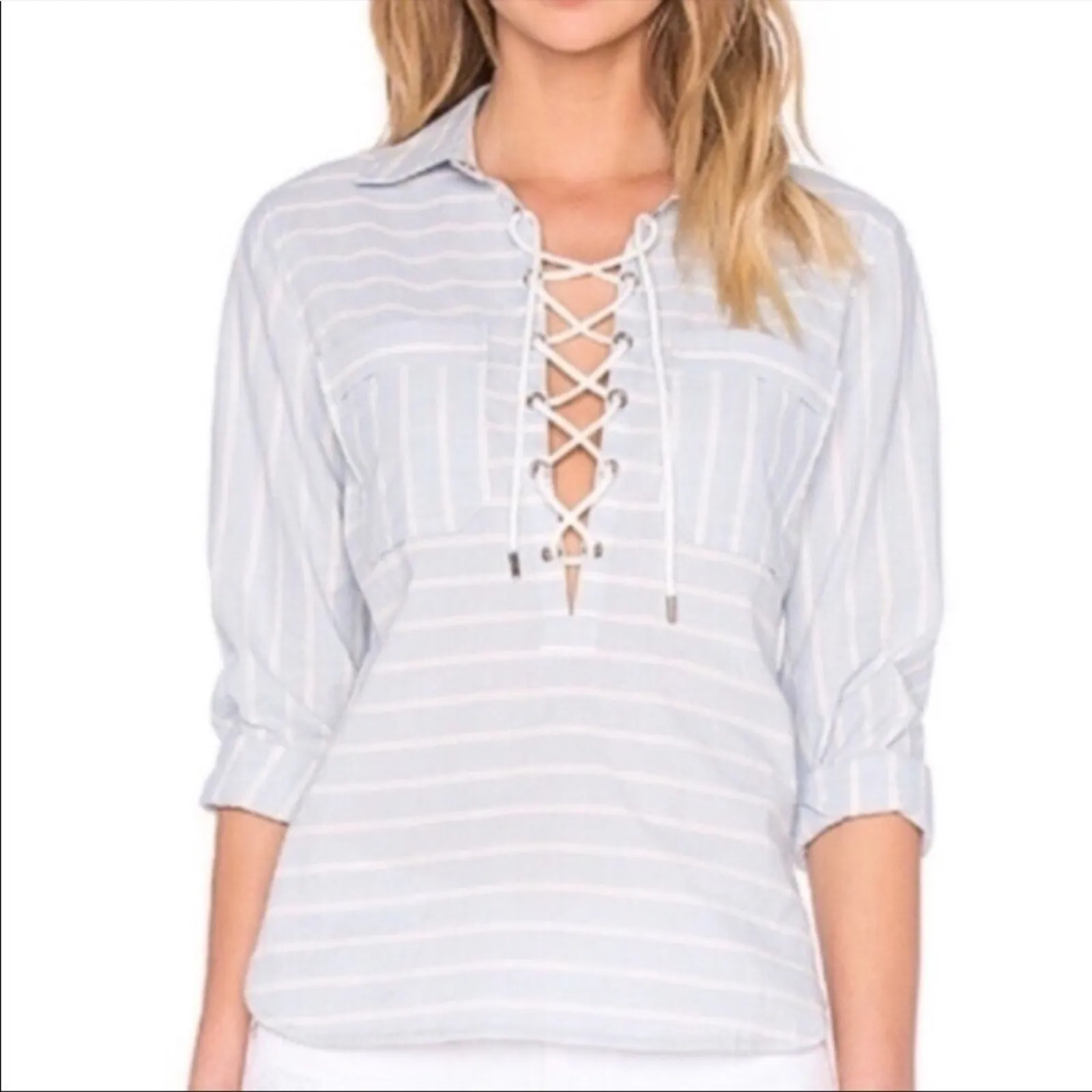 Saylor Blue White Striped Long Sleeve Blouse Womens Xs Lace Up Coastal Nautical - Image 2