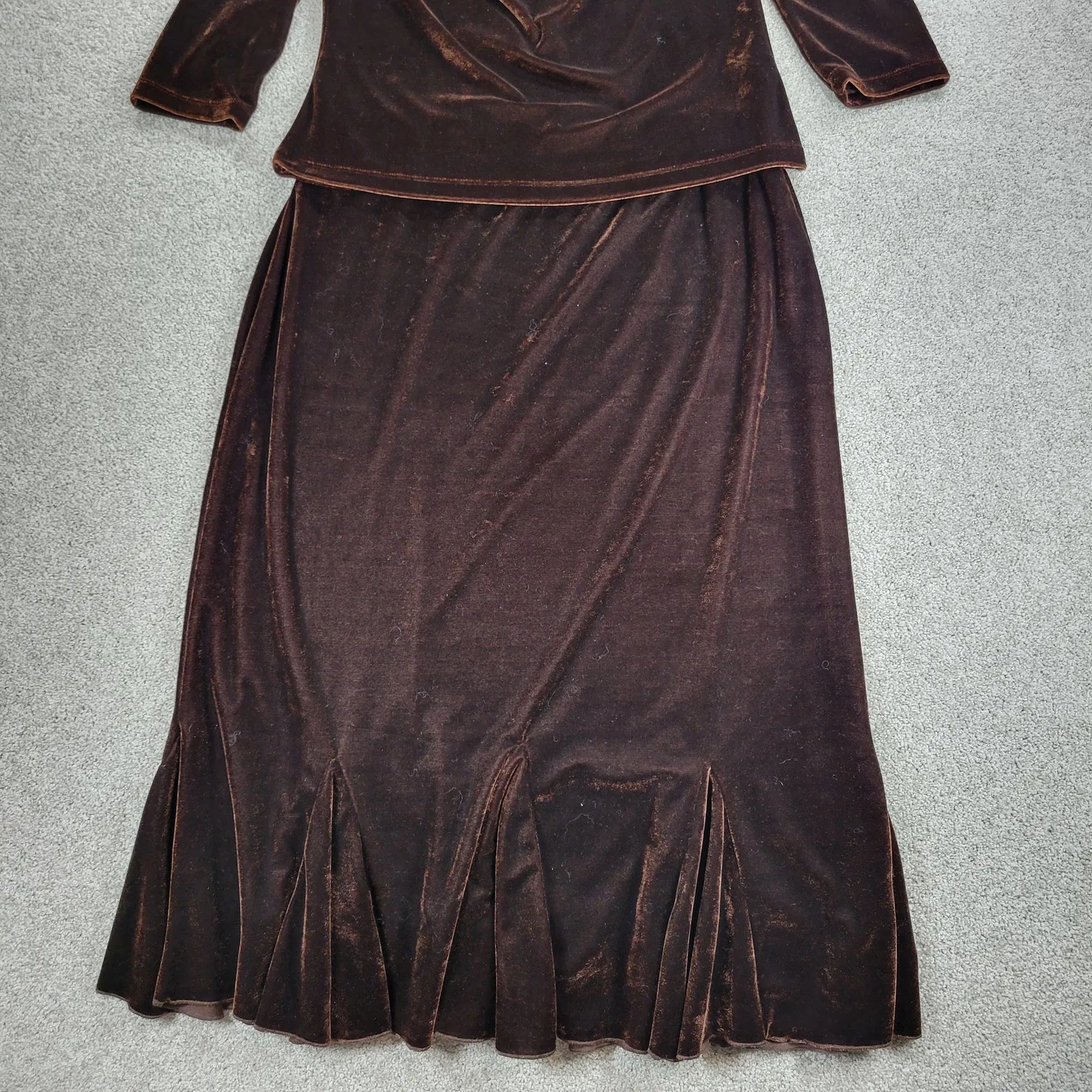 Vtg Susie Couture Velvet Skirt Set Womens L Brown Paisley Cowl‎ Neck Whimsigoth Size L - Image 5