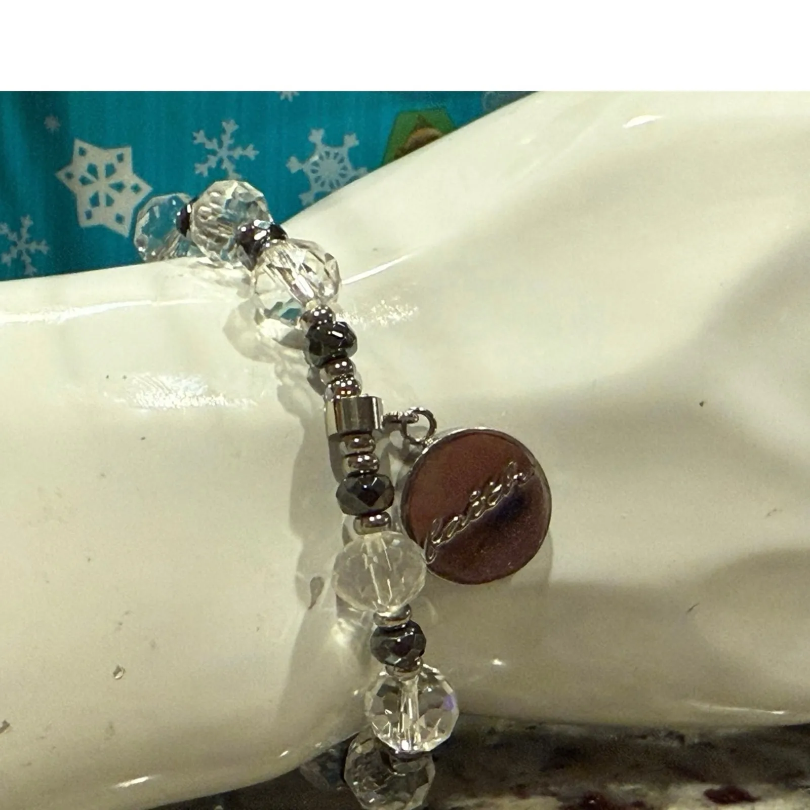 Rustic Cuff Christian Faith Stretch Bracelet Silver & Clear Beads Charm Logo - Image 10
