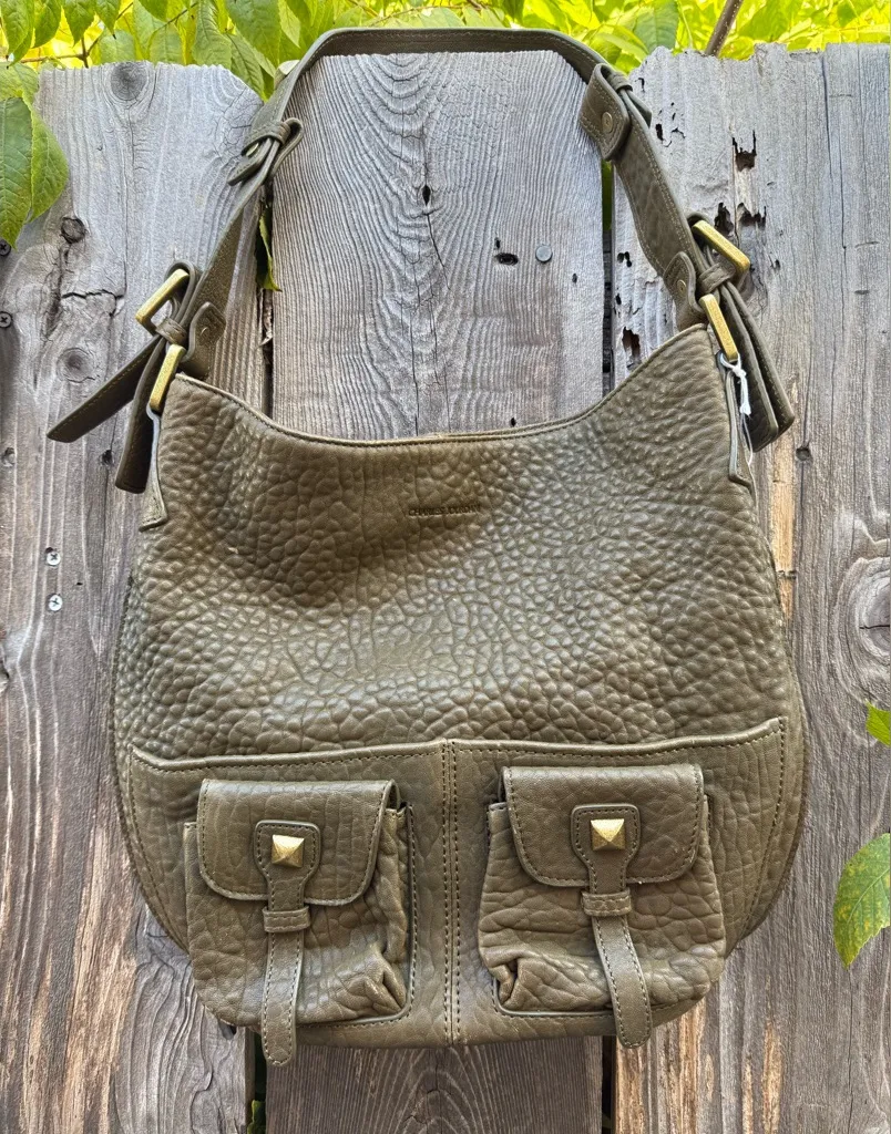 Charles Jourdan Khaki Green Pebbled Leather Studded Large Shoulder Bag - Image 1