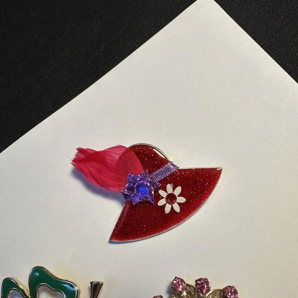Lot Of 3 Rhinestone Brooch Pins 4 Leaf Green Clover, Red Hat, Etc - Image 4