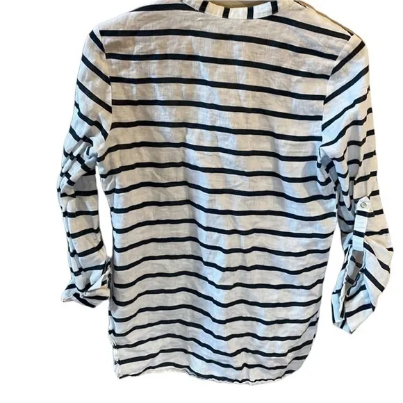 ZARA‎ Women’s V-Neck Nautical Blue & White Strip Tunic Linen Gold Accent Buttons - Image 3