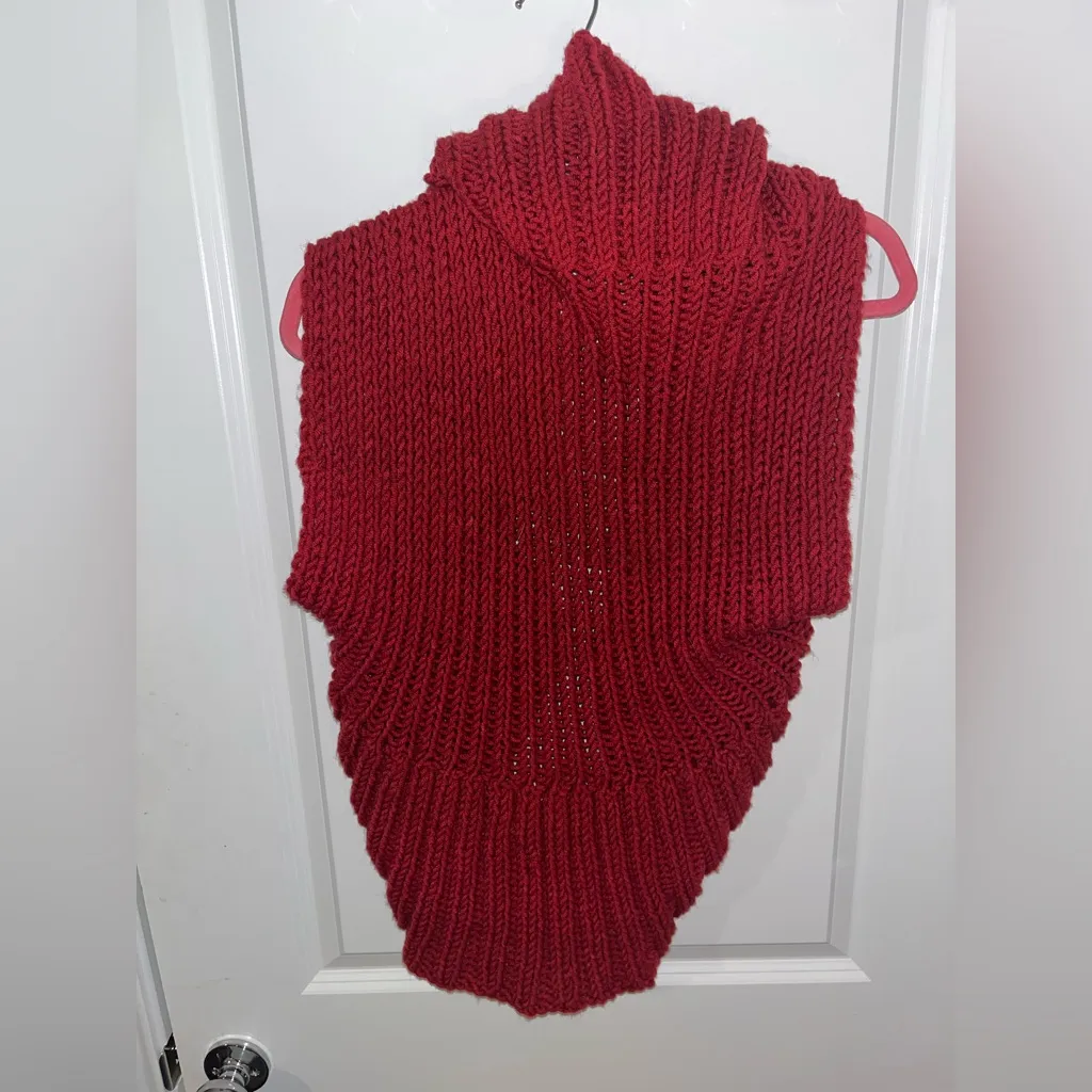 Chunky Knit Red Shawl Collar Cardigan Handmade Look Cozy Sleeveless Sweater Vest - Image 13