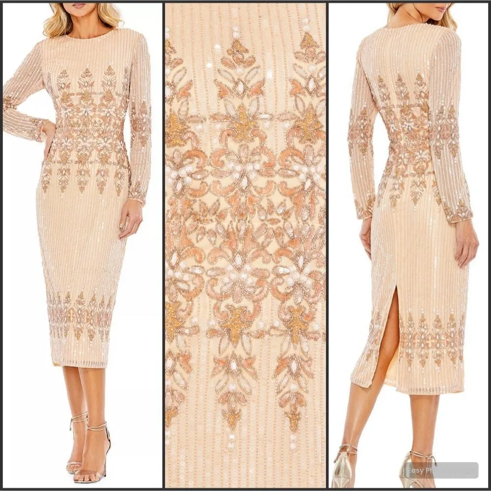 MAC DUGGAL 5576 Peach Embellished Long Sleeve High Neck Sheath Dress - Image 3